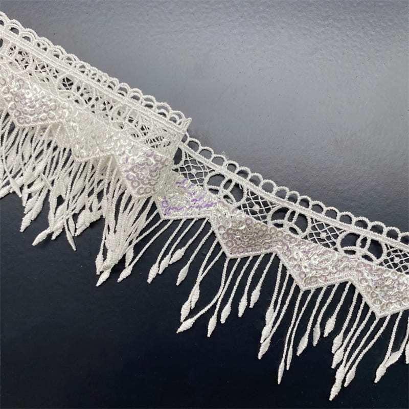 White bridal fringe lace trim with sequins and thread tassels for wedding dresses