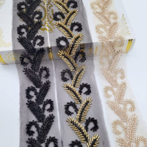 Handmade beaded lace trim with bugle beads and seed beads leaf pattern on mesh