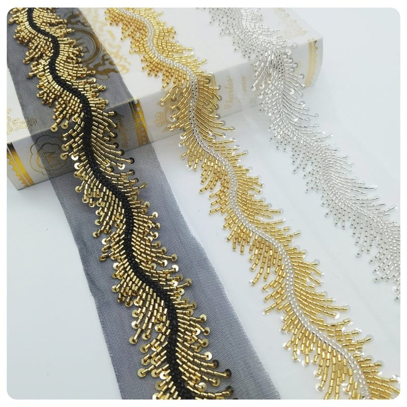 Beaded lace trim with metallic bugle beads fringe effect for garment decoration