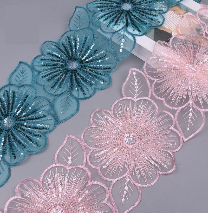 Floral beaded lace trim with sequins and beads for fashion and bridal garments