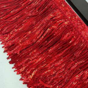 Long sequin fringe lace trim in red for stage costumes and evening dresses
