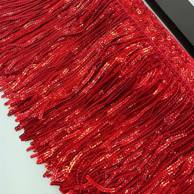 Long sequin fringe lace trim in red for stage costumes and evening dresses