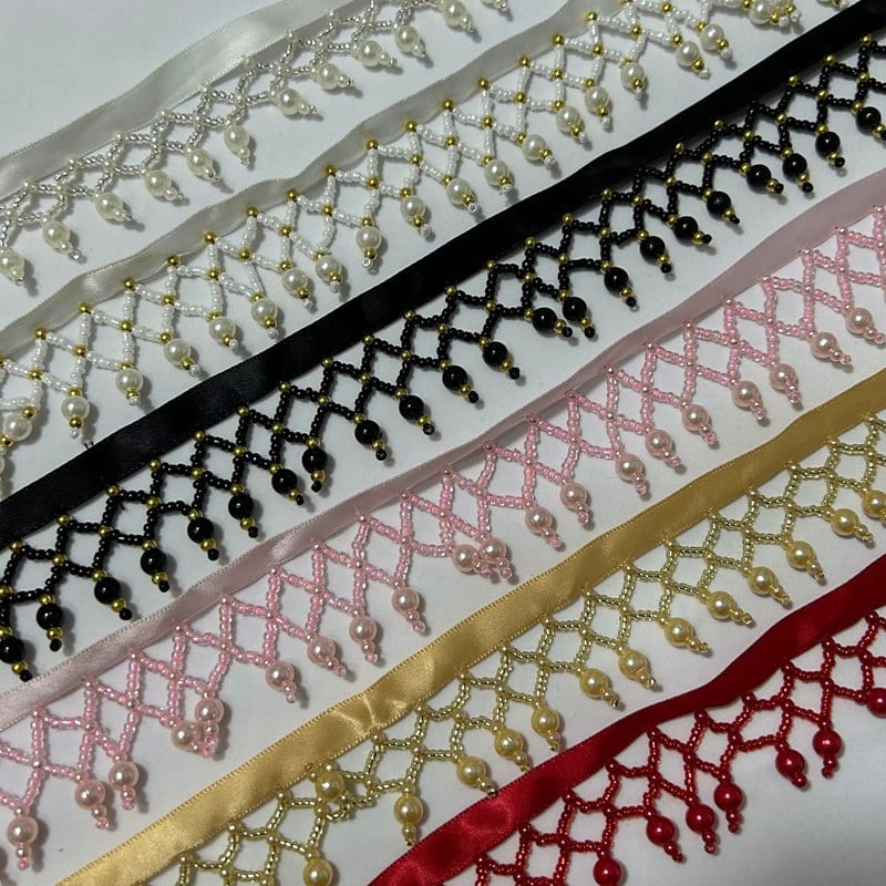 Beaded fringe lace trim with pearl drop tassels on ribbon base for garment decoration