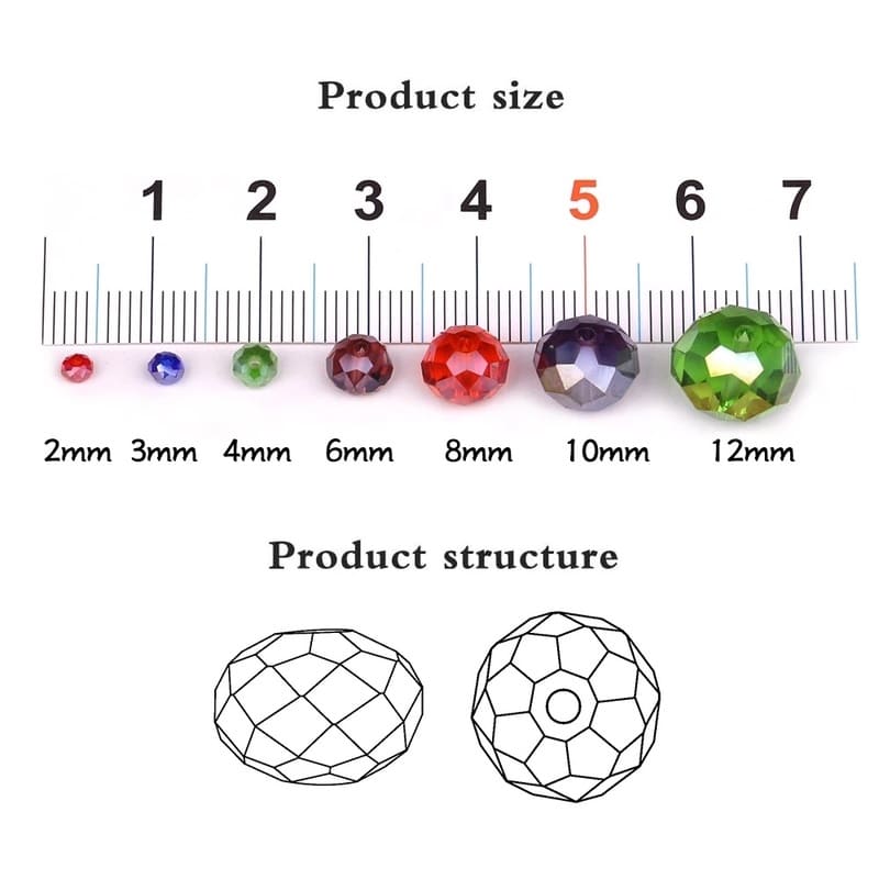 Glass crystal rondelle beads size chart from 2mm to 12mm