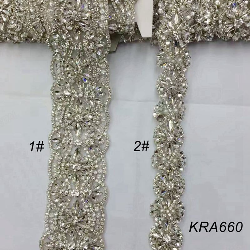 Handmade bridal rhinestone trim with dense beaded floral design for wedding dresses