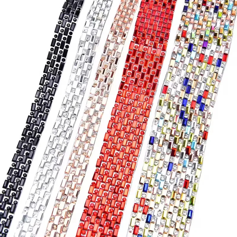Iron on rhinestone trims with geometric crystal patterns in multiple colors for garment decoration