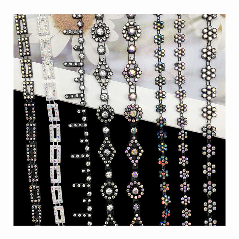 Plastic rhinestone bandings with crystal and AB stones in multiple patterns for garment trimming