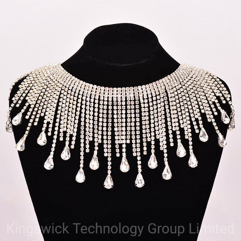 Luxury rhinestone fringe trim with long crystal tassels made by welded glass rhinestone chain