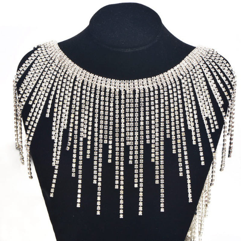 Dense rhinestone fringe trim with straight crystal tassels for luxury garment decoration