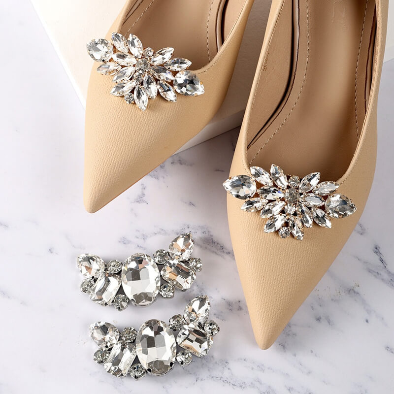 Rhinestone shoe flowers applied on high heel shoes for elegant footwear decoration