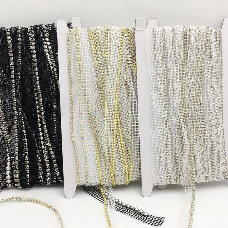 Multi rows metal rhinestone trims with edge mesh in black white and gold for garment decoration