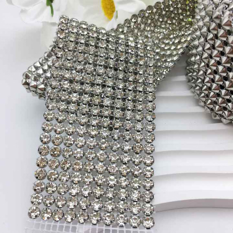 Dense multi rows metal rhinestone trim with silver crystal stones for apparel trimming