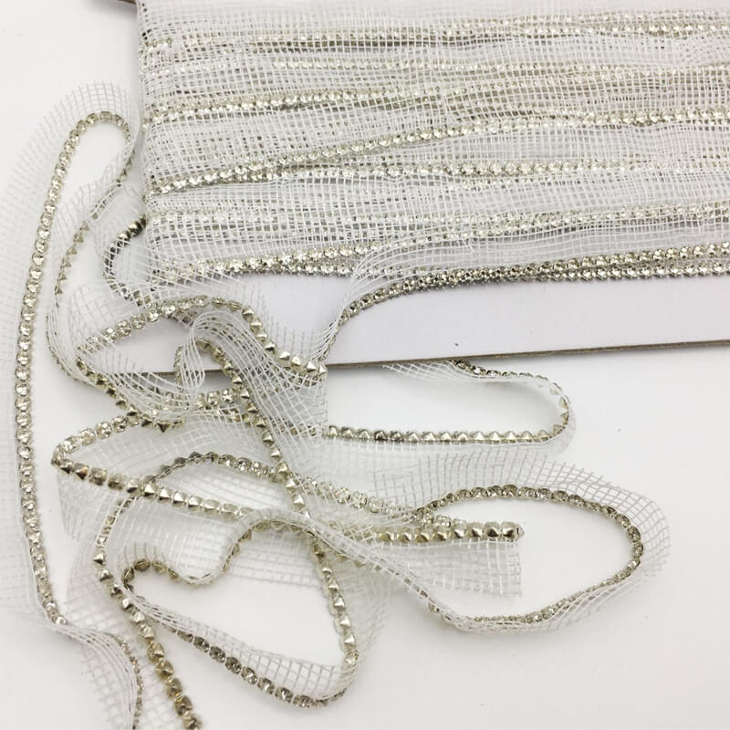 Metal rhinestone trims with white mesh edge flexible crystal banding for garment use