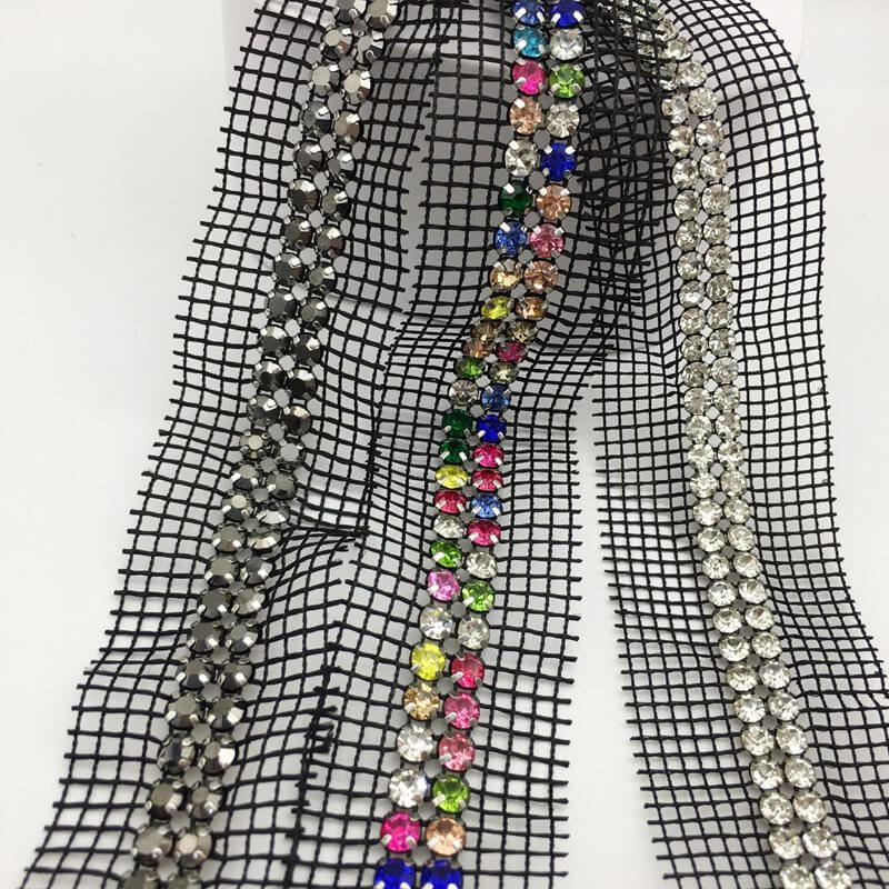Rhinestone trims with black mesh edge featuring multi color and clear crystal stones