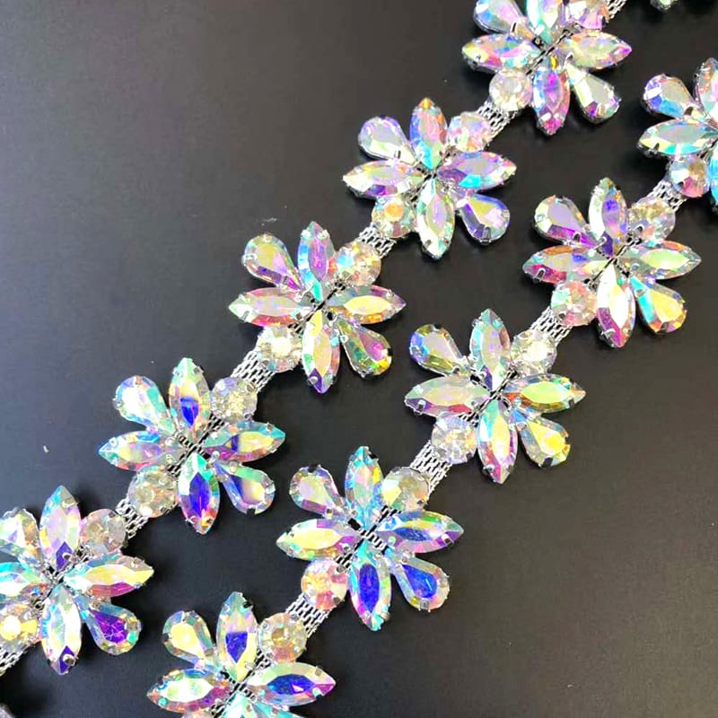 Sew on glass rhinestone trim with floral AB crystal design made by welded chain technique