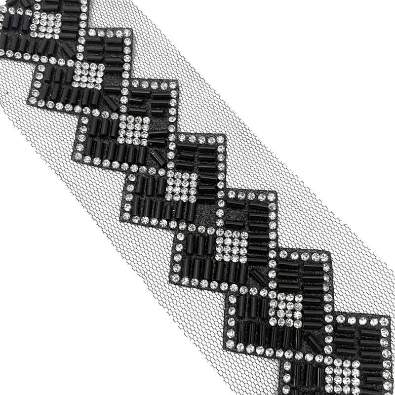Shaped adhesive rhinestone trim with geometric design using crystals and bugle beads on mesh base
