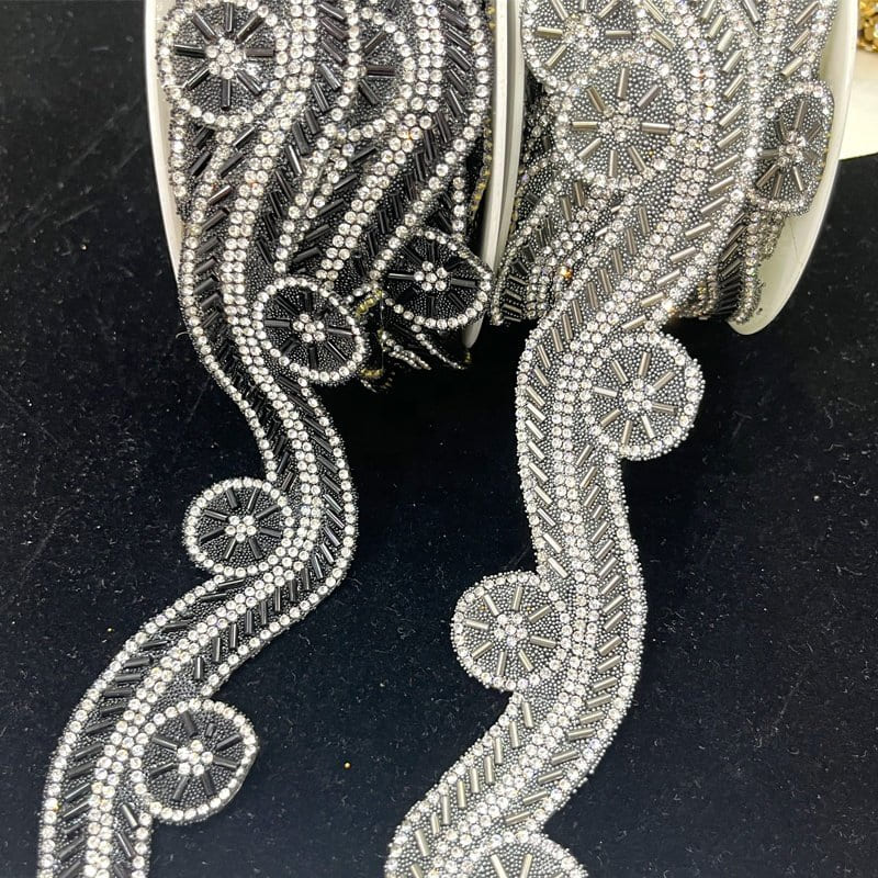 Irregular adhesive rhinestone trim with wave pattern using crystals and glass beads