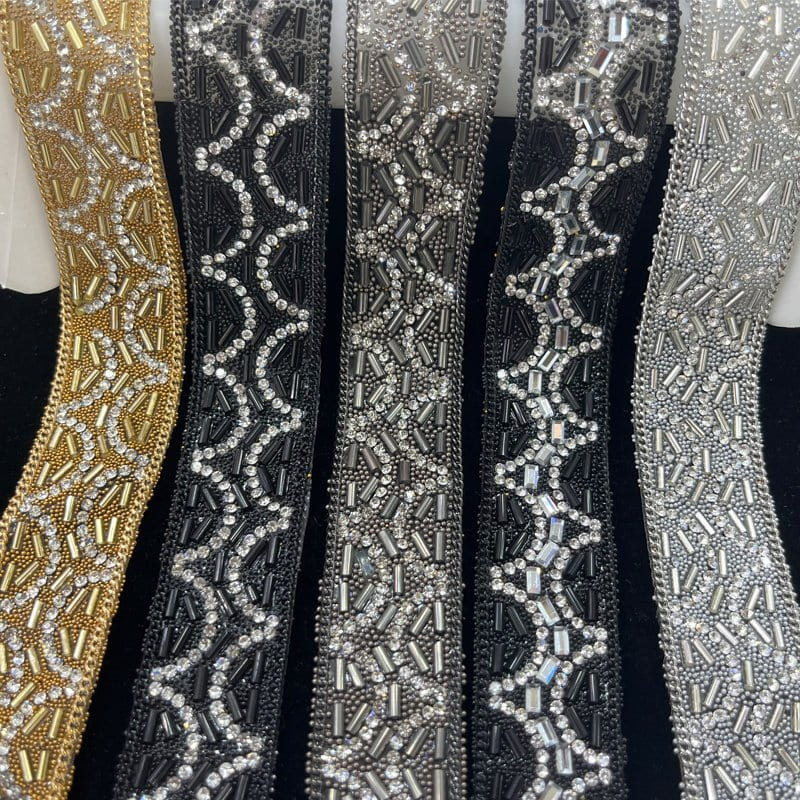 Mixed material shaped adhesive rhinestone trims using crystals glass beads and bugle beads